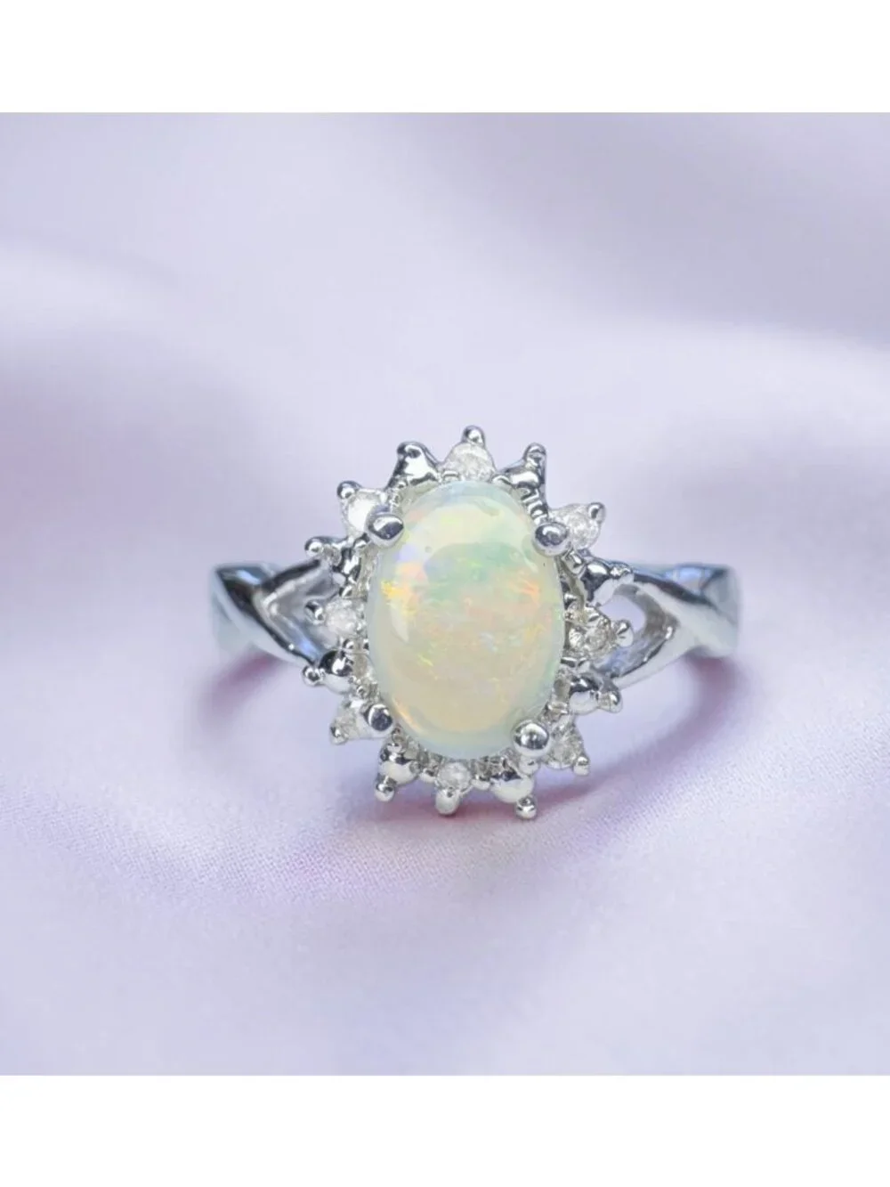 10K White Gold Natural Opal & Halo Diamond Ring Size 6- White Opal Ring -1.7g